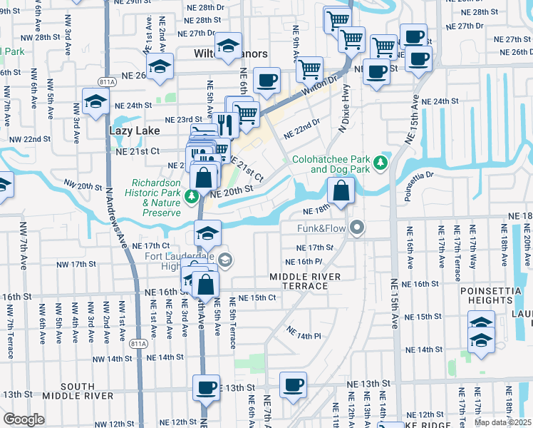 map of restaurants, bars, coffee shops, grocery stores, and more near 701 Northeast 17th Court in Fort Lauderdale