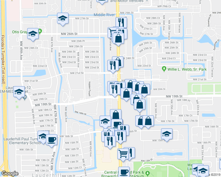 map of restaurants, bars, coffee shops, grocery stores, and more near 4041 Northwest 19th Street in Lauderhill