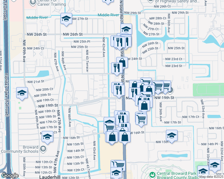 map of restaurants, bars, coffee shops, grocery stores, and more near 4133 Northwest 19th Street in Lauderhill