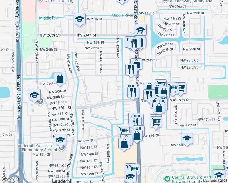 map of restaurants, bars, coffee shops, grocery stores, and more near 4221 Hidden Forest in Lauderhill