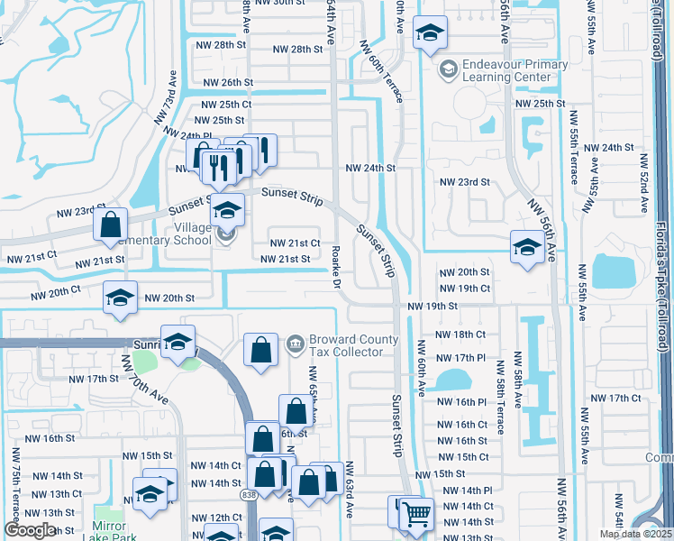 map of restaurants, bars, coffee shops, grocery stores, and more near 2010 Roarke Drive in Sunrise