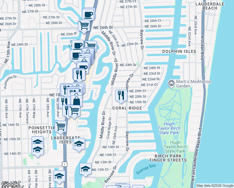 map of restaurants, bars, coffee shops, grocery stores, and more near 1826 Coral Ridge Drive in Fort Lauderdale