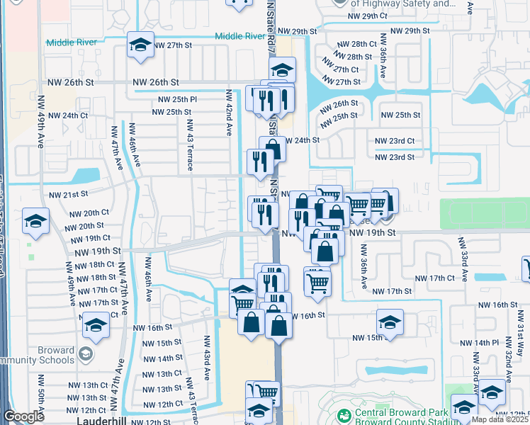 map of restaurants, bars, coffee shops, grocery stores, and more near 4041 Northwest 19th Street in Lauderhill