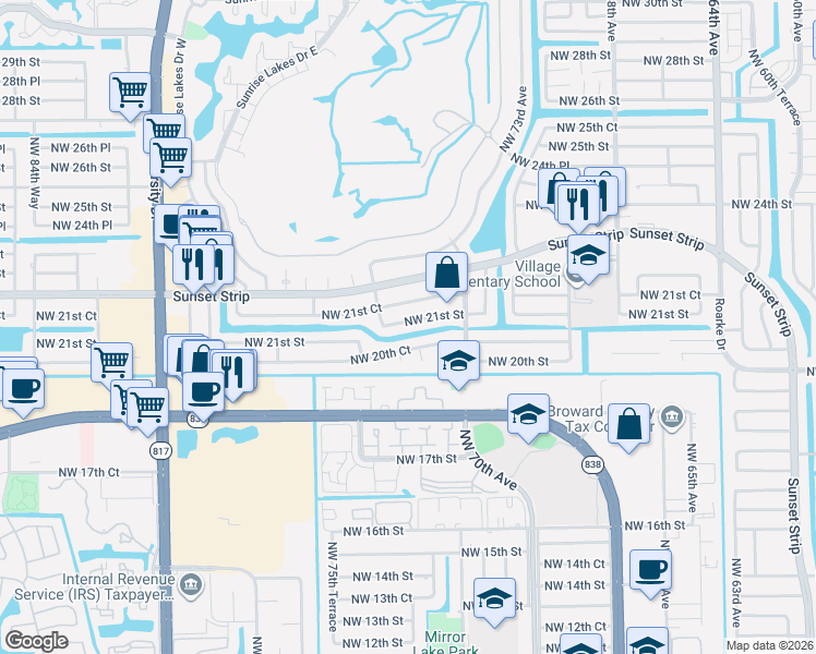 map of restaurants, bars, coffee shops, grocery stores, and more near 2031 Northwest 76th Avenue in Plantation