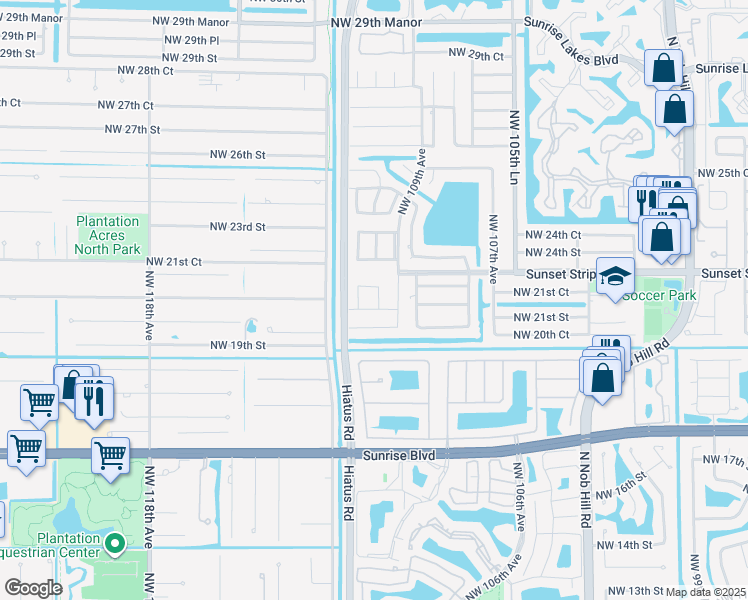 map of restaurants, bars, coffee shops, grocery stores, and more near 2121 Northwest 110th Avenue in Sunrise