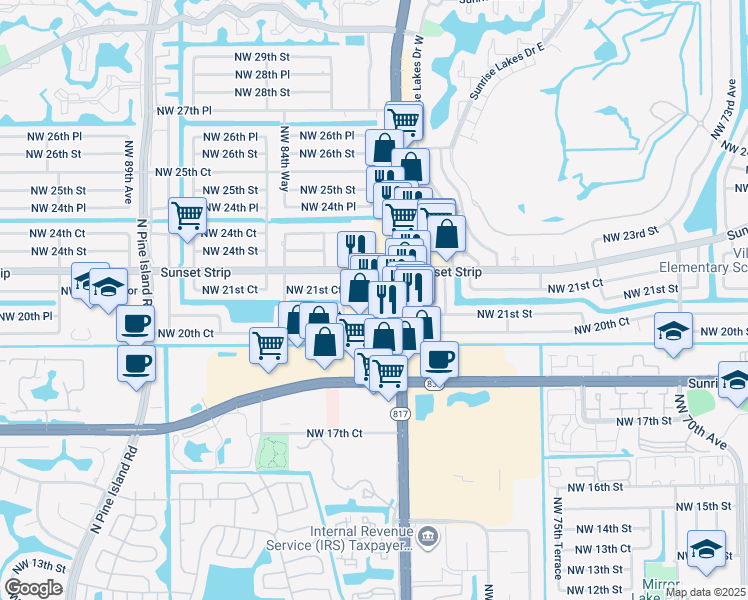 map of restaurants, bars, coffee shops, grocery stores, and more near 2019-2091 North University Drive in Sunrise