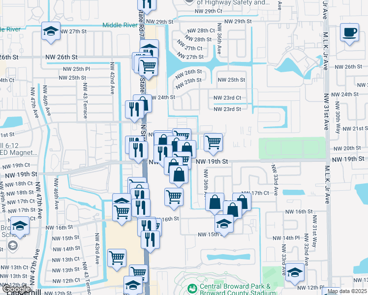 map of restaurants, bars, coffee shops, grocery stores, and more near 3741 Northwest 20th Street in Lauderdale Lakes