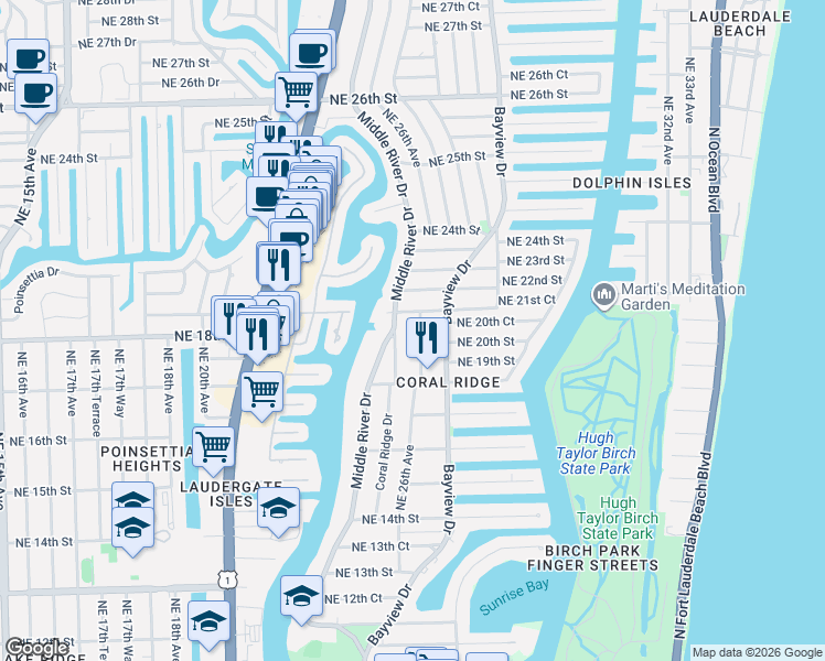 map of restaurants, bars, coffee shops, grocery stores, and more near 2100 Middle River Drive in Fort Lauderdale