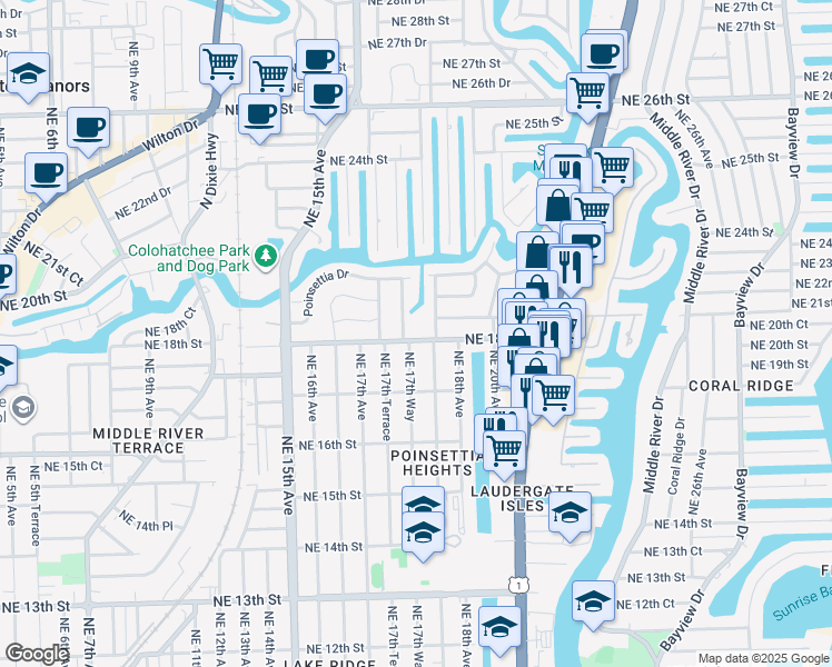 map of restaurants, bars, coffee shops, grocery stores, and more near in Wilton Manors