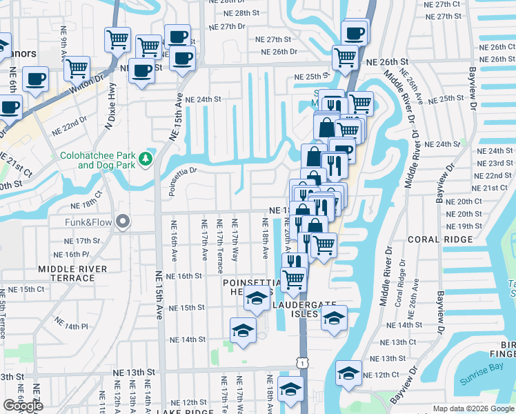 map of restaurants, bars, coffee shops, grocery stores, and more near 1801 Northeast 19th Street in Fort Lauderdale