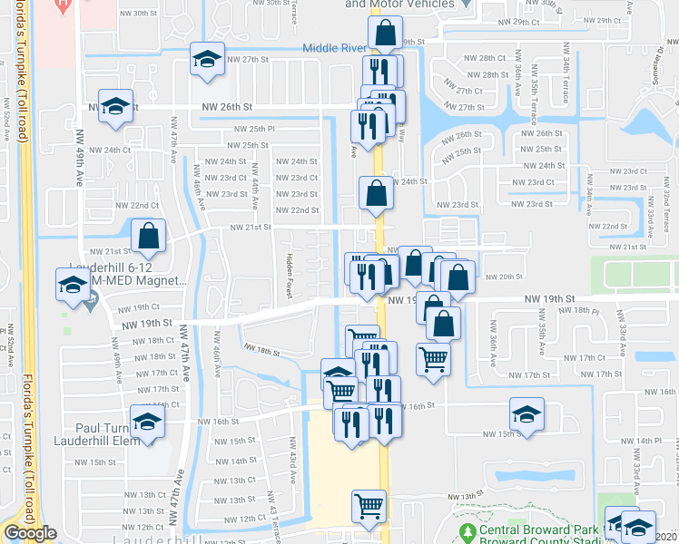 map of restaurants, bars, coffee shops, grocery stores, and more near 4240 Northwest 21st Street in Lauderhill