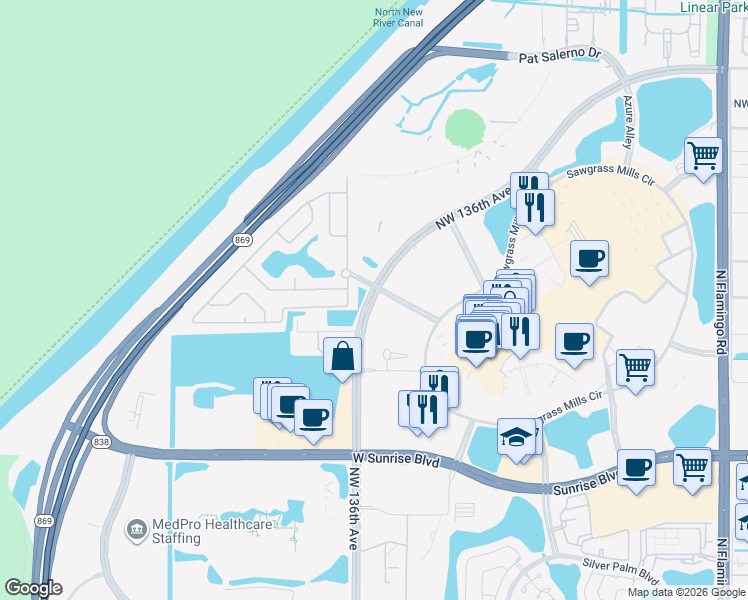 map of restaurants, bars, coffee shops, grocery stores, and more near 2089 Northwest 136th Avenue in Sunrise