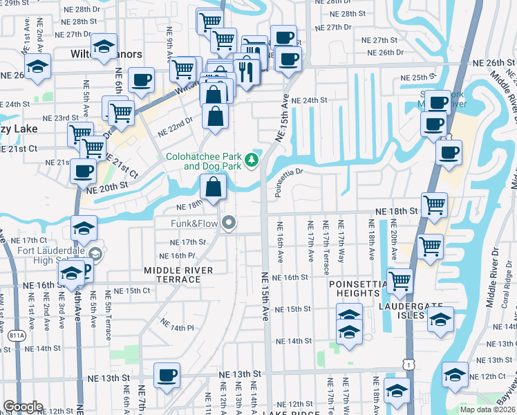 map of restaurants, bars, coffee shops, grocery stores, and more near 1963 Northeast 15th Avenue in Fort Lauderdale