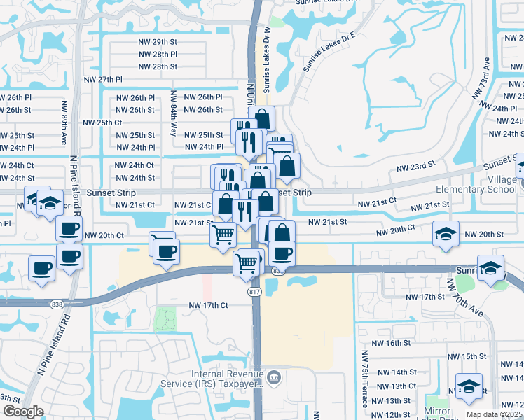 map of restaurants, bars, coffee shops, grocery stores, and more near 2160 Northwest 82nd Way in Sunrise