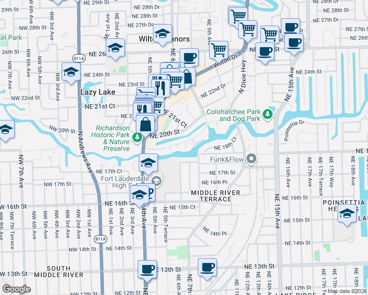 map of restaurants, bars, coffee shops, grocery stores, and more near 635 Kensington Place in Wilton Manors