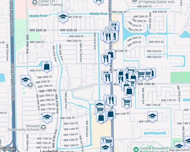 map of restaurants, bars, coffee shops, grocery stores, and more near 4240 Northwest 21st Street in Lauderhill