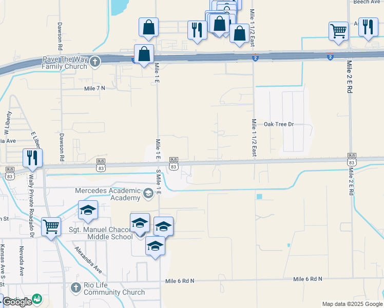 map of restaurants, bars, coffee shops, grocery stores, and more near 2800 U.S. 83 Business in Mercedes