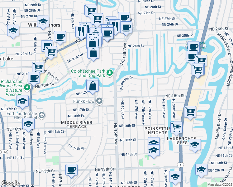 map of restaurants, bars, coffee shops, grocery stores, and more near 1605 Poinsettia Drive in Fort Lauderdale