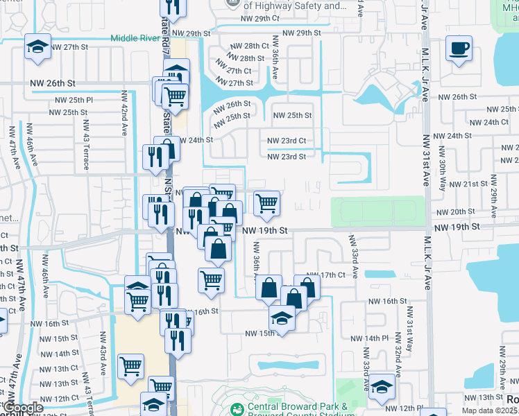 map of restaurants, bars, coffee shops, grocery stores, and more near 3700 Northwest 21st Street in Lauderdale Lakes