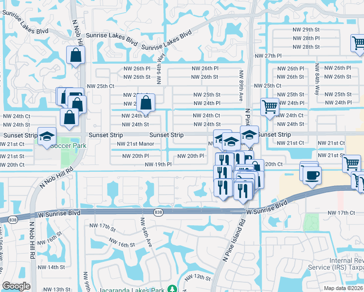 map of restaurants, bars, coffee shops, grocery stores, and more near 9340 Sunset Strip in Sunrise