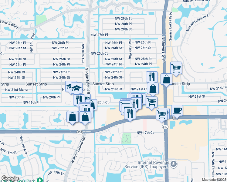 map of restaurants, bars, coffee shops, grocery stores, and more near 8650 Sunset Strip in Sunrise