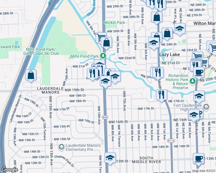 map of restaurants, bars, coffee shops, grocery stores, and more near 1980 Florida 845 in Fort Lauderdale