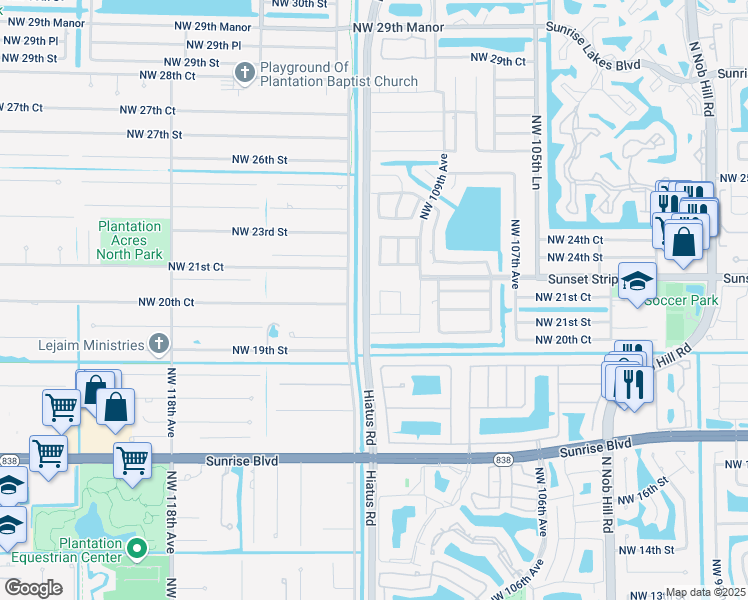 map of restaurants, bars, coffee shops, grocery stores, and more near 11061 Northwest 21st Court in Sunrise