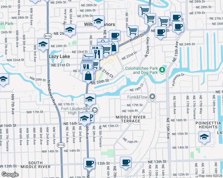 map of restaurants, bars, coffee shops, grocery stores, and more near 5 Middlesex Drive in Wilton Manors