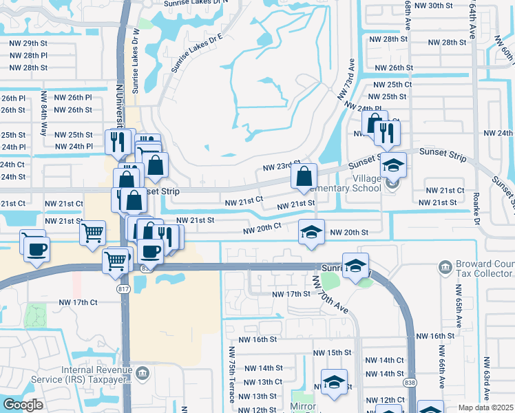 map of restaurants, bars, coffee shops, grocery stores, and more near 7699 Northwest 21st Court in Sunrise