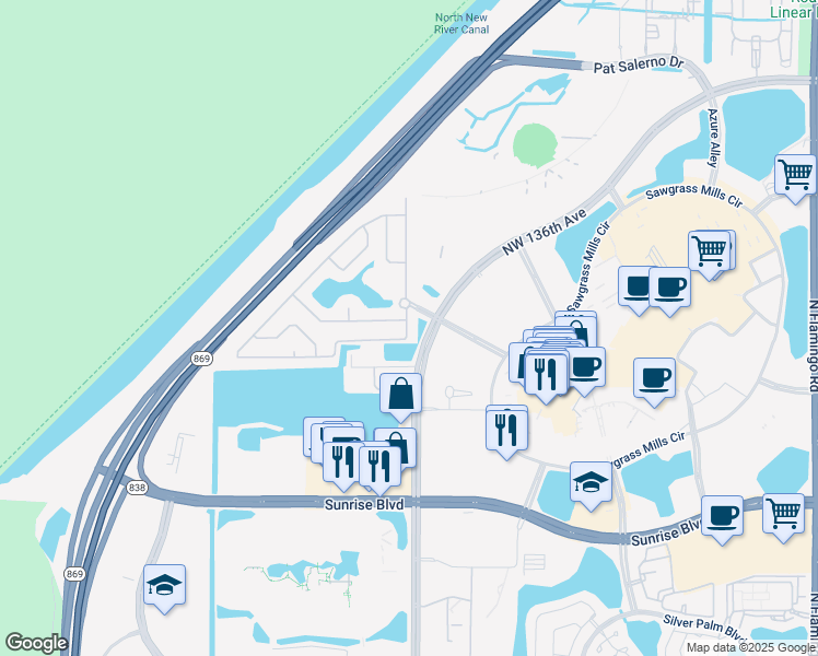 map of restaurants, bars, coffee shops, grocery stores, and more near 13709 Northwest 22nd Place in Sunrise