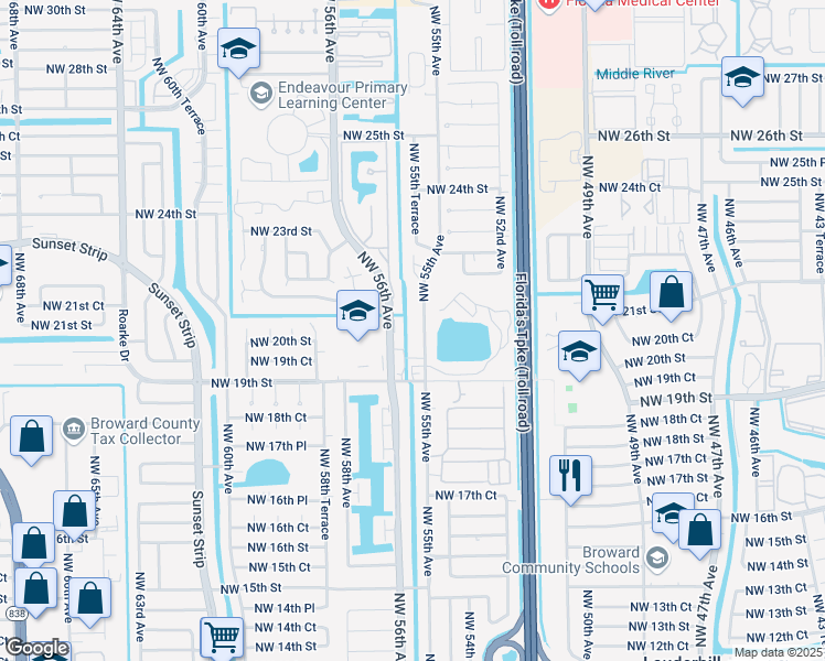 map of restaurants, bars, coffee shops, grocery stores, and more near 2142 Northwest 55th Way in Lauderhill