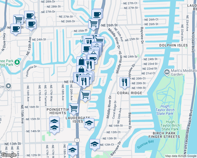 map of restaurants, bars, coffee shops, grocery stores, and more near 1900 Northeast 22nd Terrace in Fort Lauderdale
