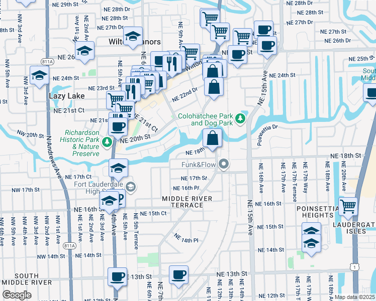 map of restaurants, bars, coffee shops, grocery stores, and more near 837 Northeast 18th Court in Fort Lauderdale