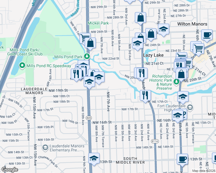 map of restaurants, bars, coffee shops, grocery stores, and more near 721 Northwest 19th Street in Fort Lauderdale