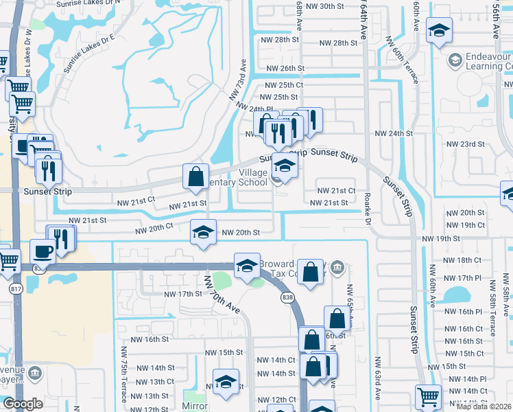 map of restaurants, bars, coffee shops, grocery stores, and more near 7170 Northwest 21st Court in Sunrise