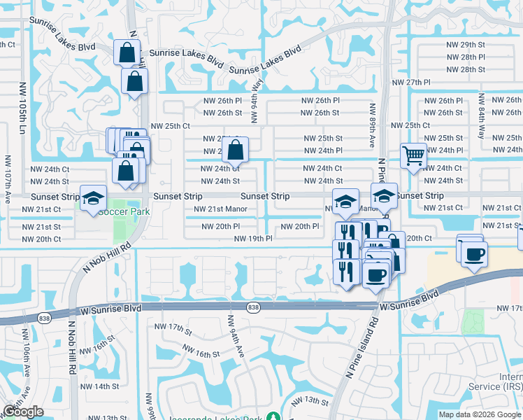 map of restaurants, bars, coffee shops, grocery stores, and more near 2220 Northwest 94th Way in Sunrise