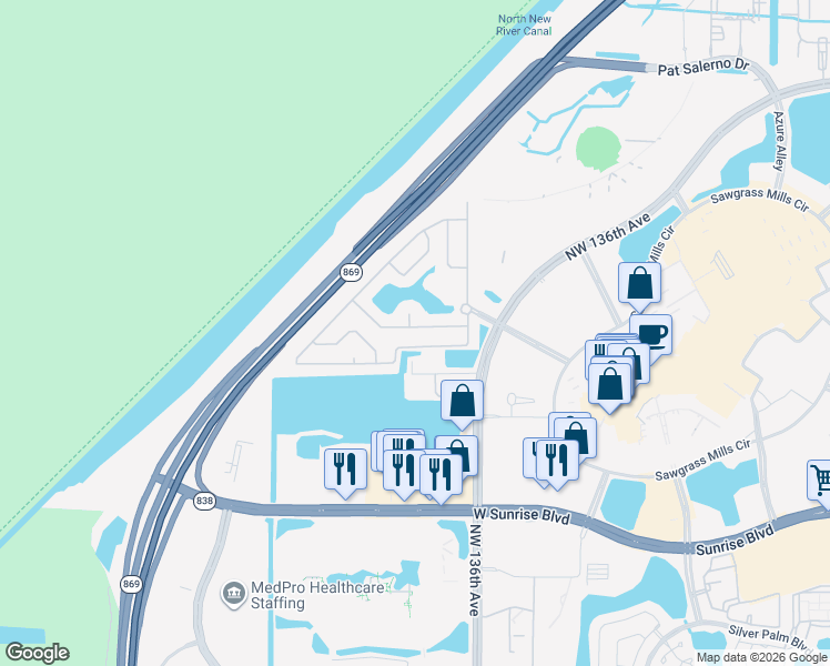 map of restaurants, bars, coffee shops, grocery stores, and more near 13744 Northwest 22nd Place in Sunrise