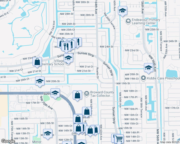 map of restaurants, bars, coffee shops, grocery stores, and more near 6501 Northwest 21st Street in Sunrise