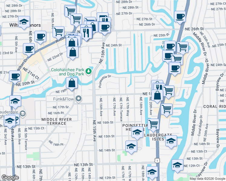 map of restaurants, bars, coffee shops, grocery stores, and more near 1631 Northeast 19th Street in Fort Lauderdale
