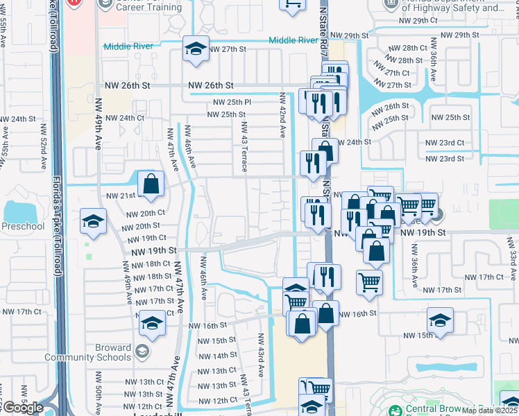 map of restaurants, bars, coffee shops, grocery stores, and more near 4230 Northwest 21st Street in Lauderhill