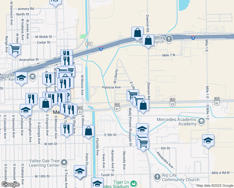 map of restaurants, bars, coffee shops, grocery stores, and more near 407 Patricia Street in Mercedes