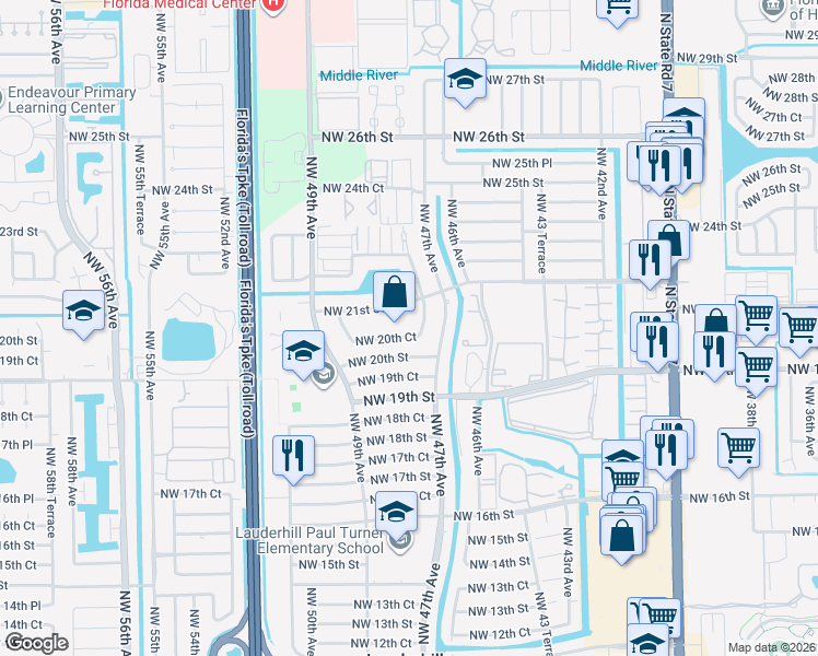 map of restaurants, bars, coffee shops, grocery stores, and more near 2070 Northwest 47th Terrace in Lauderhill