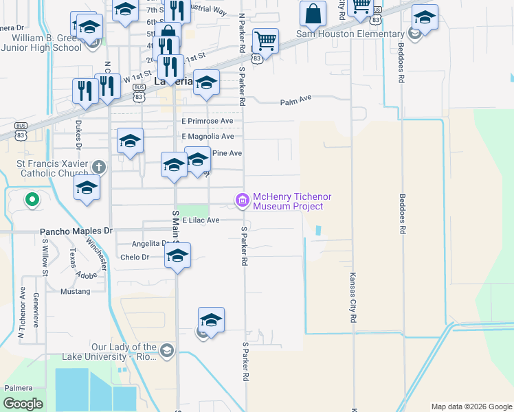 map of restaurants, bars, coffee shops, grocery stores, and more near 501 South Parker Road in La Feria