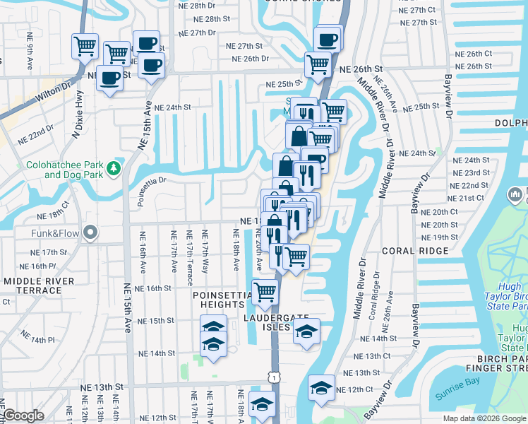 map of restaurants, bars, coffee shops, grocery stores, and more near 1900 Northeast 20th Avenue in Fort Lauderdale