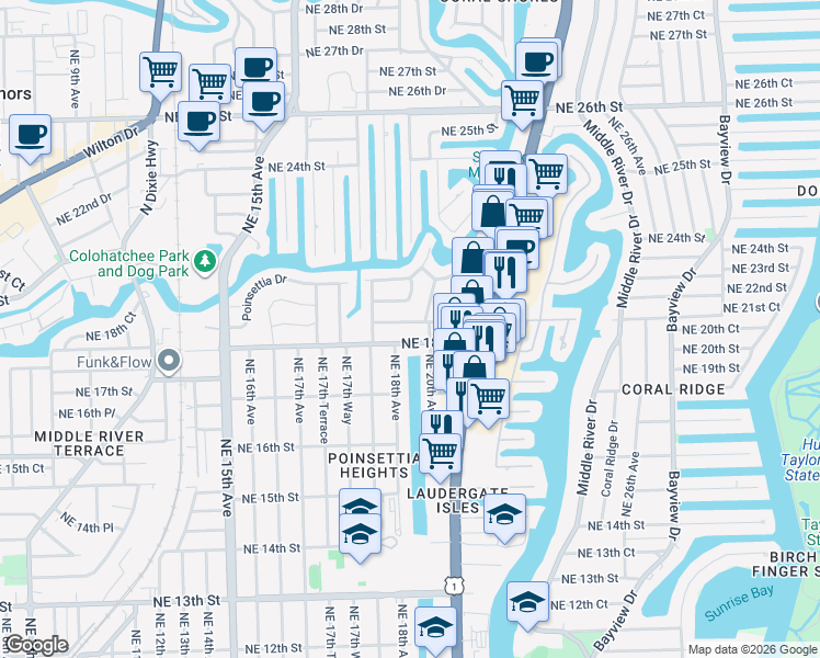 map of restaurants, bars, coffee shops, grocery stores, and more near 1801 Northeast 19th Street in Fort Lauderdale