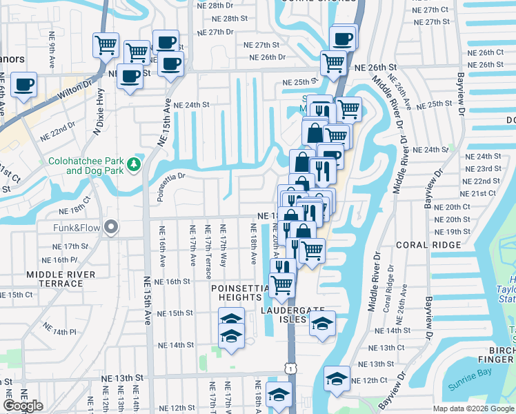 map of restaurants, bars, coffee shops, grocery stores, and more near 1801 Northeast 19th Street in Fort Lauderdale