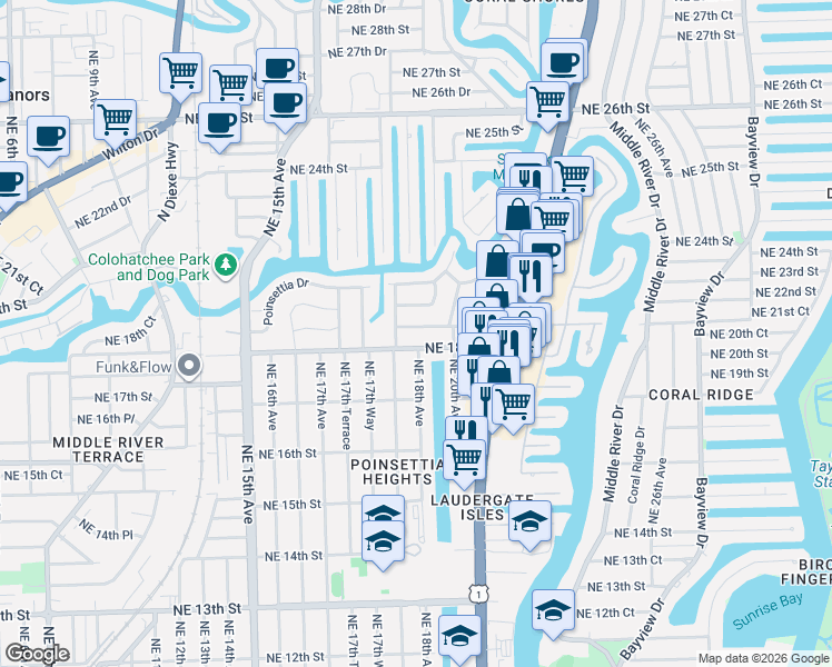 map of restaurants, bars, coffee shops, grocery stores, and more near 1801 Northeast 19th Street in Fort Lauderdale