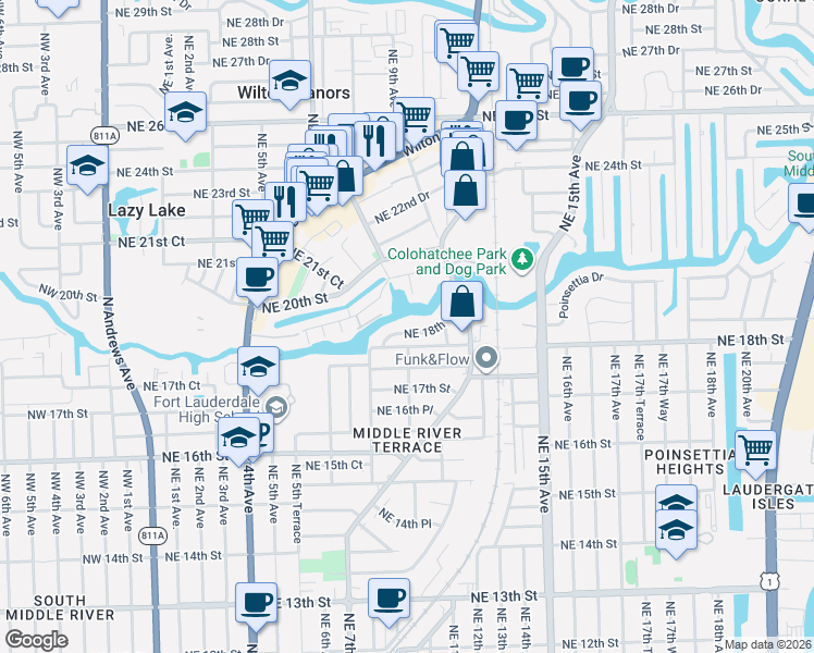 map of restaurants, bars, coffee shops, grocery stores, and more near 837 Northeast 18th Court in Fort Lauderdale