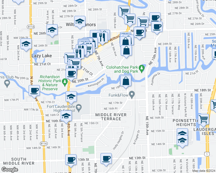 map of restaurants, bars, coffee shops, grocery stores, and more near 837 Northeast 18th Court in Fort Lauderdale