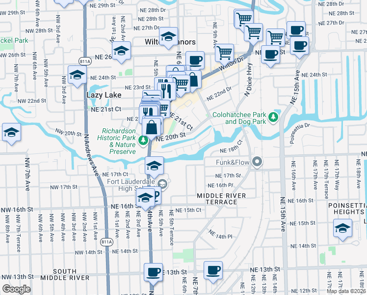 map of restaurants, bars, coffee shops, grocery stores, and more near 635 Kensington Place in Wilton Manors